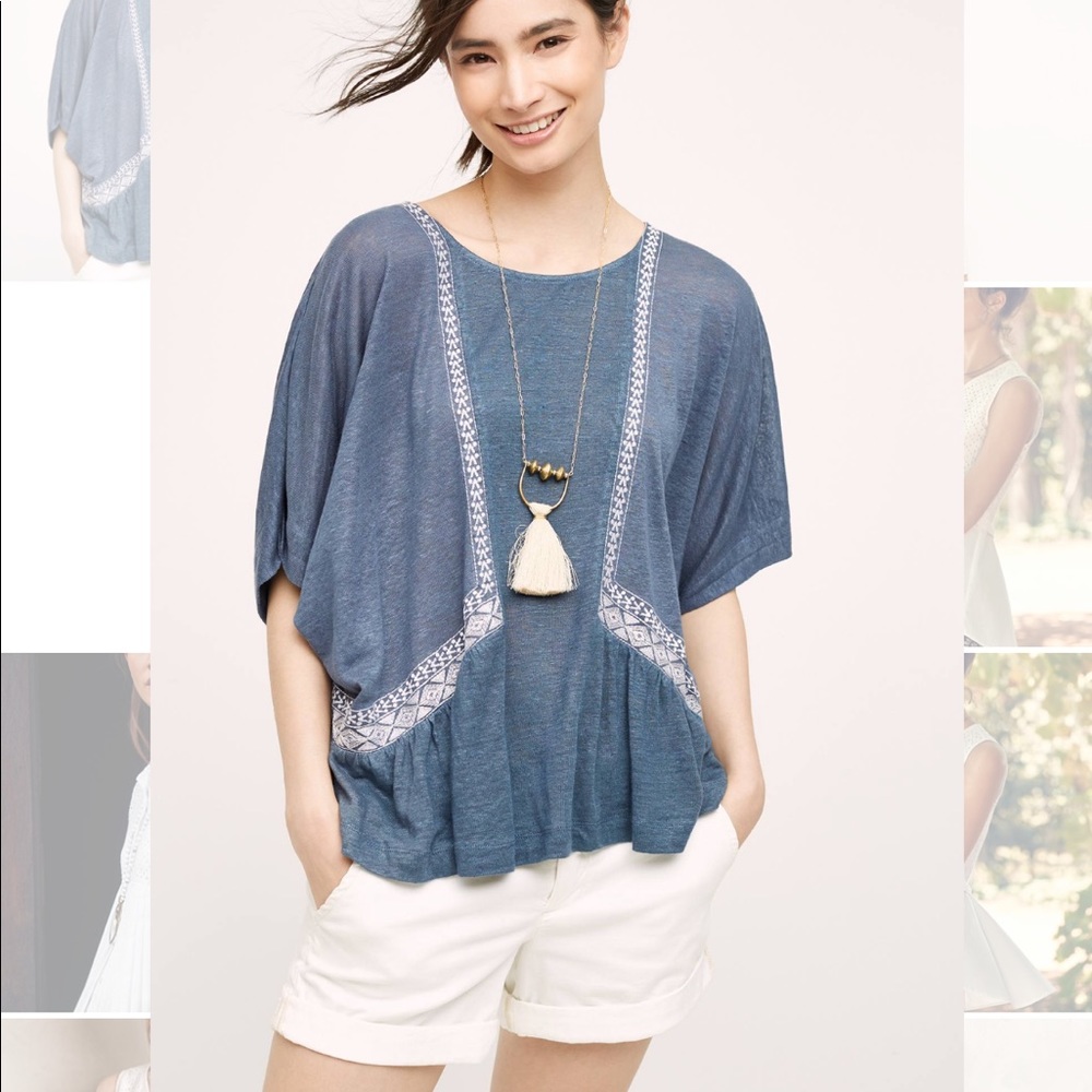 ANTHROPOLOGIE: Blue Embroidered Tee